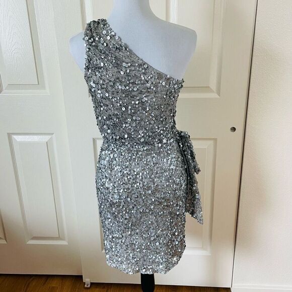 Aidan Mattox One Shoulder Sequin Dress Silver Size 0 - Picture 4 of 14